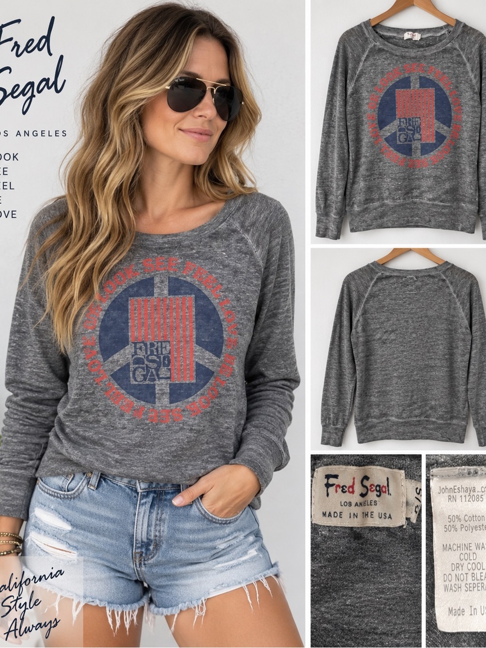Fred Segal Los Angeles Look See Feel Be Love Graphic Sweatshirt Top S Made USA